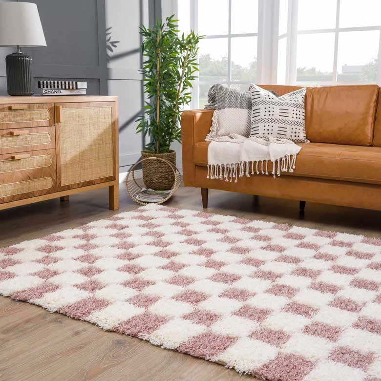 Checkered Plush Pile Pink/White Area Rug For Sale | Pink Checkered Rug for living room 