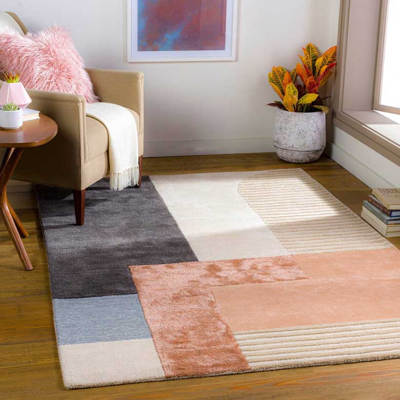 Chic geometric rug for a stylish, feminine living area
