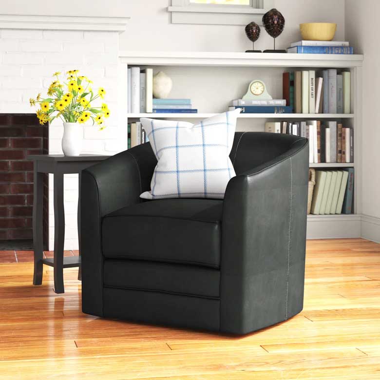Classic Black Faux Leather Swivel Barrel Chair For Sale
