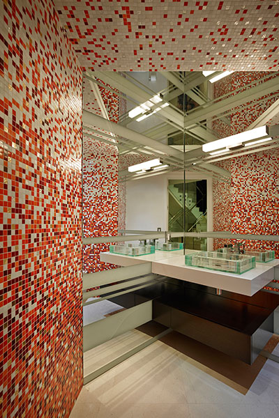 Colorful, modern bathroom in a breathtaking penthouse by Pepe Calderin Design with unbelievable Miami Beach views