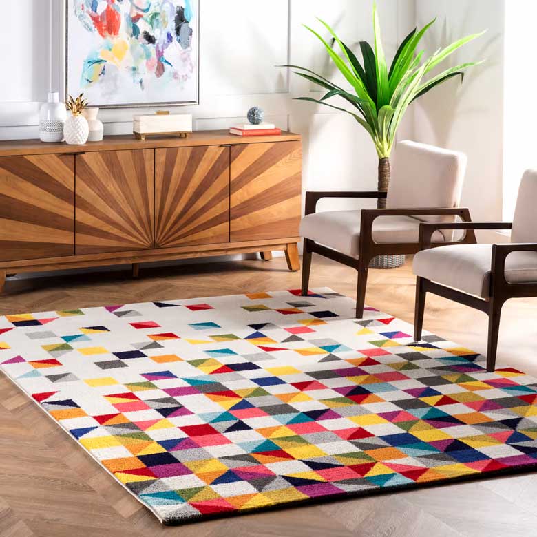 Colorful geometric rug | multicolor triangle mosaic area rug for sale, perfect for modern homes
