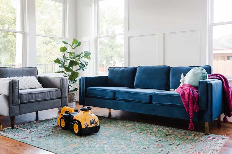 Comfortable modern blue velvet sofa