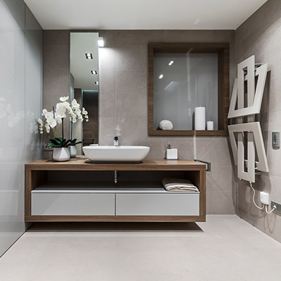 Contemporary bathroom in dazzling summer retreat apartment near Monaco for enjoying the lavish lifestyle on the French Riviera