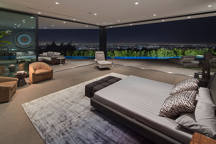 Contemporary bedroom with gorgeous views of Los Angeles