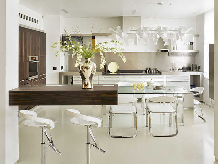 Contemporary white kitchen in Triumph Palace apartment in Moscow