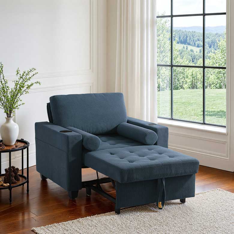 Convertible Navy Corduroy Tufted Sofa Bed Chair 3-In-1 Pull Out Multi-Functional Sleeper Single Chair Bed With 2 Soft Pillows, USB Outlet and Cup Holder