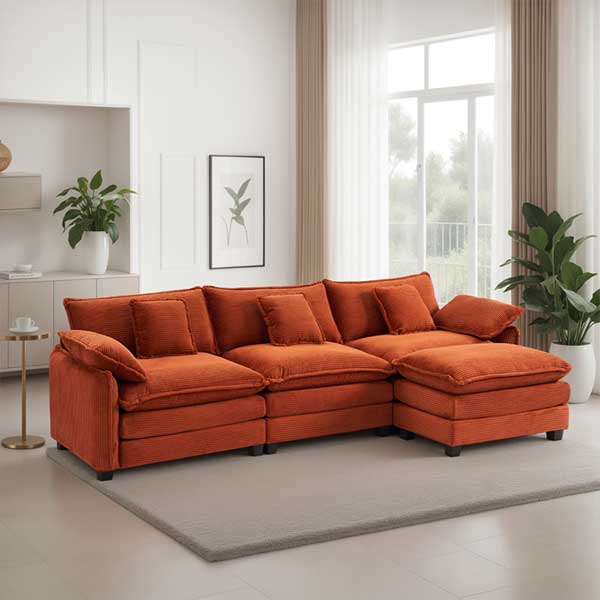 Modular Sectional Sofa 3-Seat Corduroy Sofa Sleeper With Double Cushions, Deep Seat Sofa With 5 Pillows For Living Room
