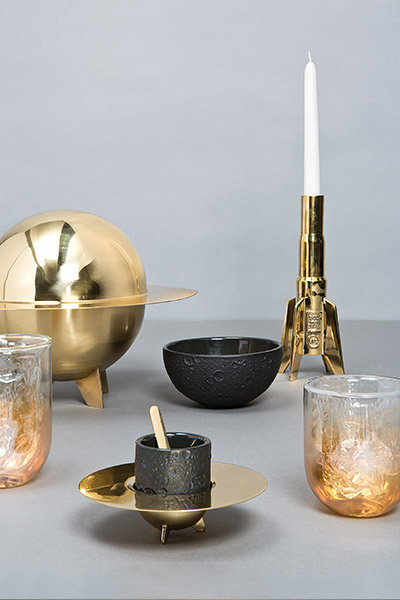 Cosmic Diner Collection - Meteorite glassware and rocket candleholder