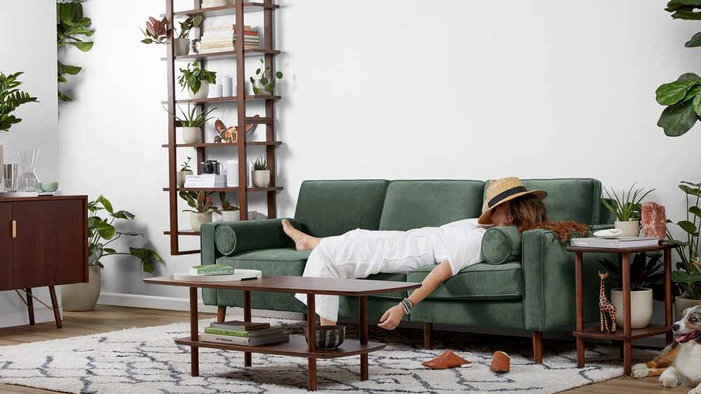 Cozy jade green velvet sofa | Comfortable jade velvet couch