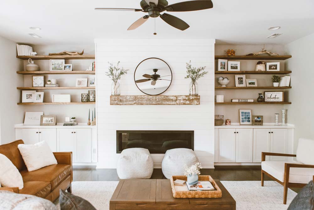 Cozy living room with shiplap fireplace