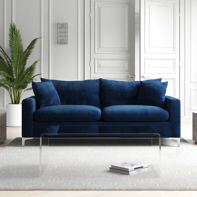 Cozy navy velvet sofa for sale, perfect for small and large living rooms  