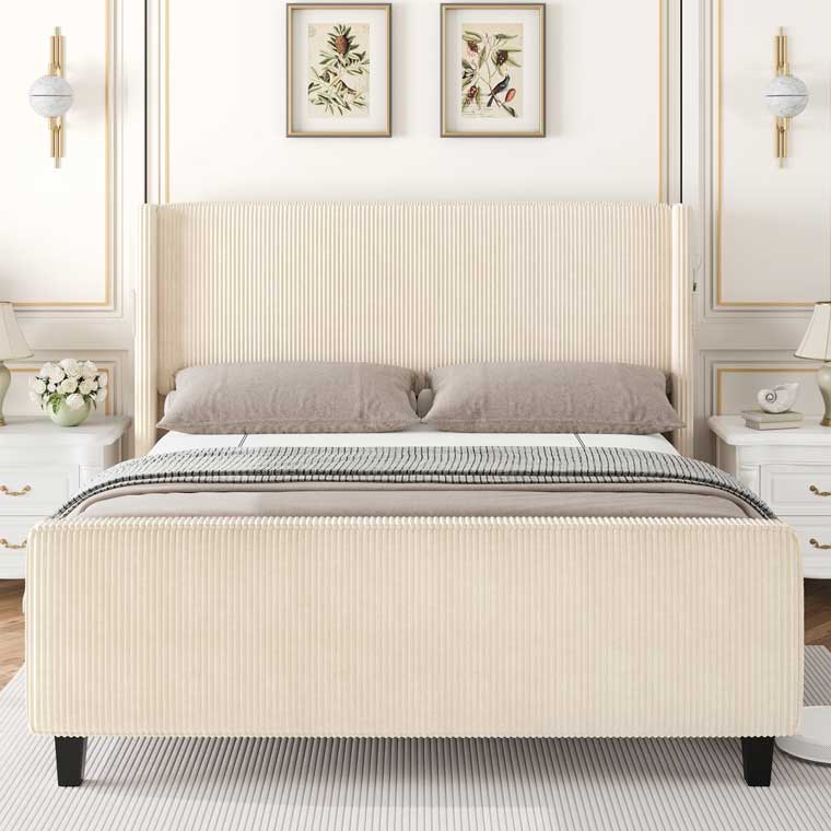 Beige Upholstered Bed with Wingback Headboard and USB Charging Station