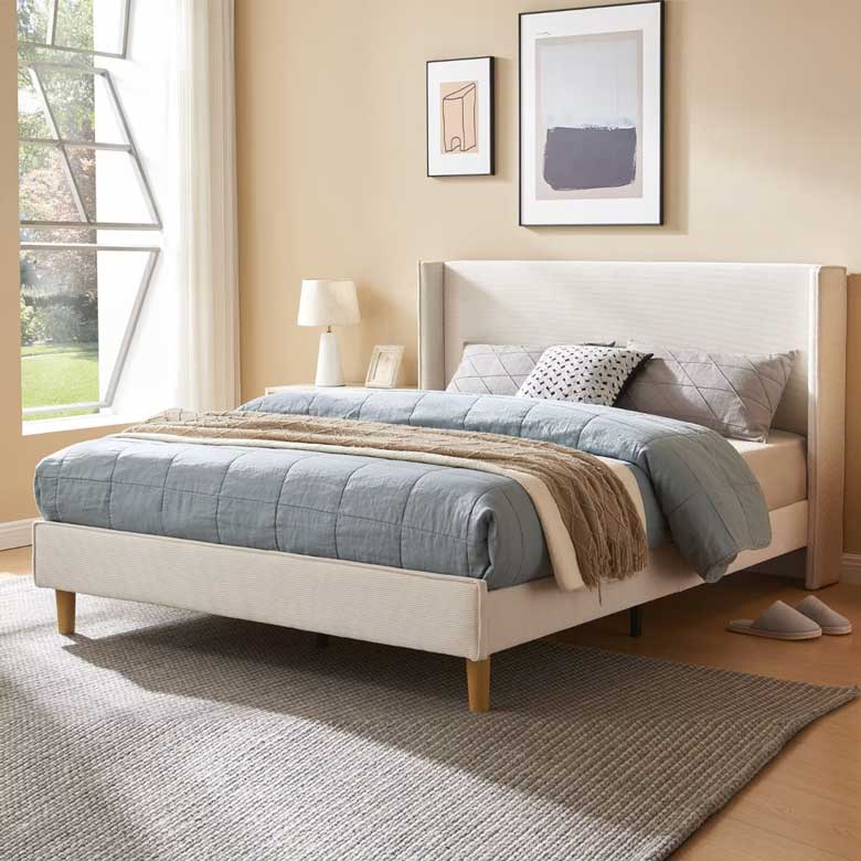 Cream Luxury Modern Wingback Corduroy Upholstered Bed