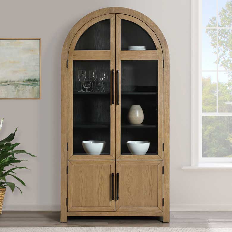 Arch Curio Cabinet with Glass Display Doors and Hidden Storage