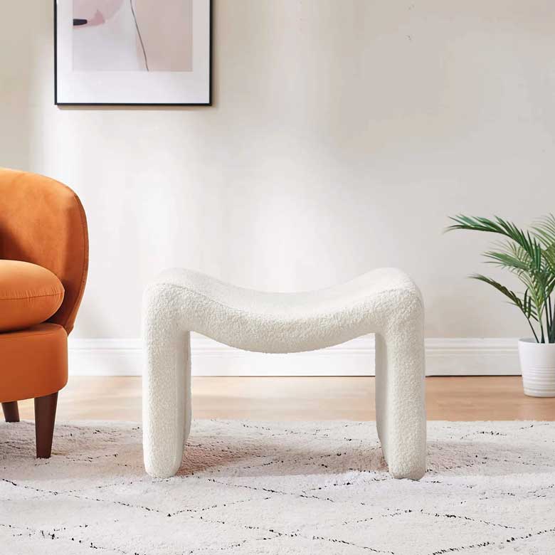 Curved boucle ottoman perfect for living room, bedroom, entryway or living room