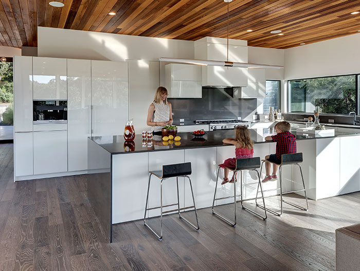 Dazzling Bracketed Space House with modern open space kitchen and living area, located in Austin, Texas - designed by Matt Fajkus Architecture for a young family