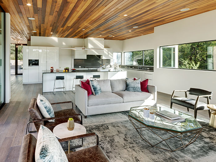 Modern living room design idea in dazzling house located in Austin, Texas - by Matt Fajkus Architecture