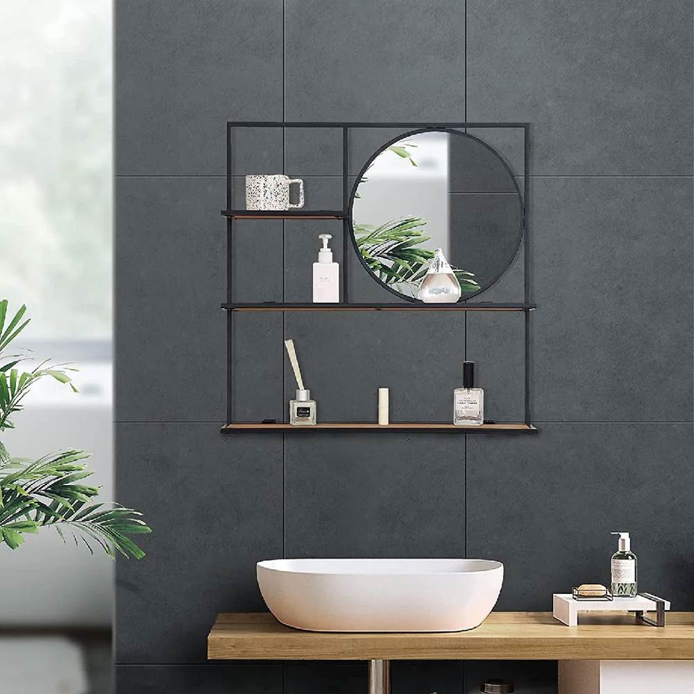 Wall-Mounted Decorative Mirror With Wood Shelf For Bathroom, Living Room And Bedroom