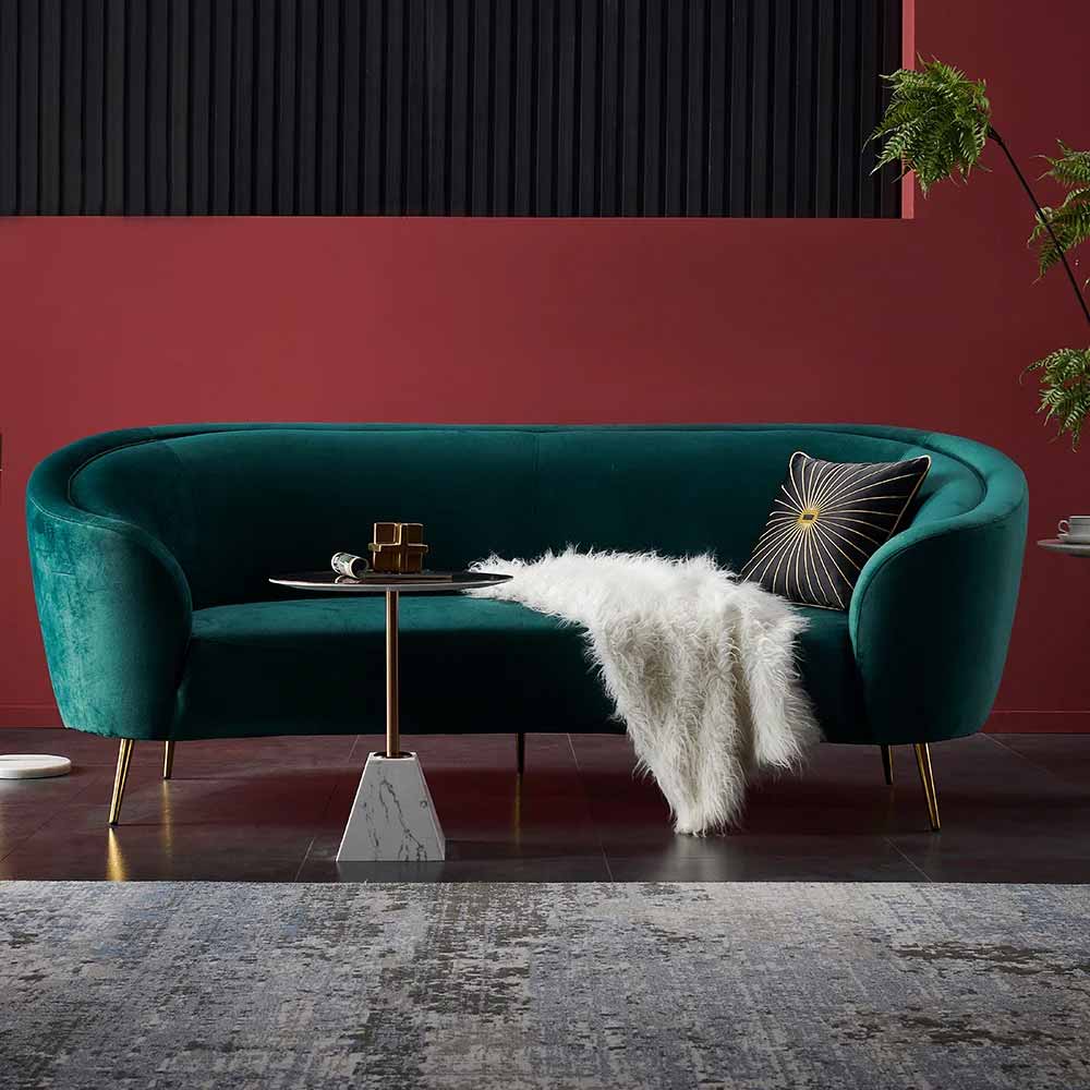 Modern Deep Green Velvet Sofa with Metal Legs 