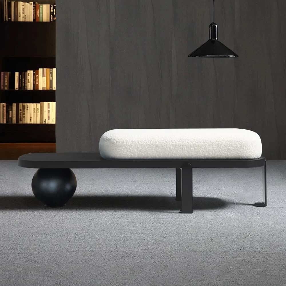 White & Black Entryway Upholstered Bench Boucle with Metal Legs