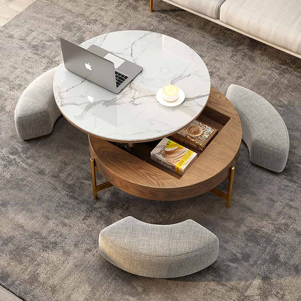 Modern Lift Top Round Coffee Table with Storage - Marble Texture Round Coffee Table