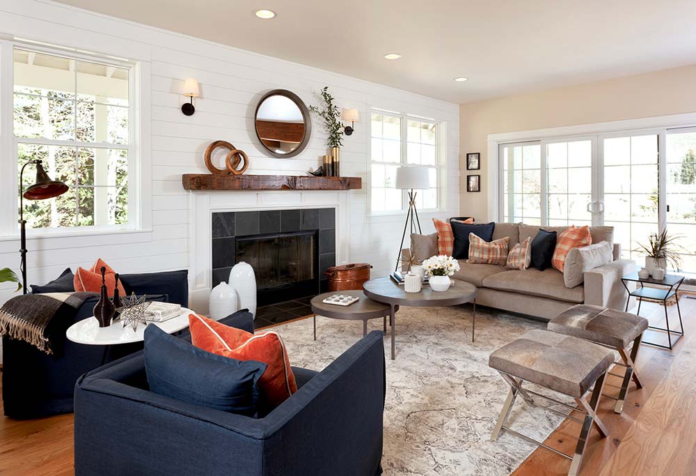 Farmhouse Living Room Renovation Idea With Shiplap Wall, Stone Fireplace, Reclaimed Wood Mantle