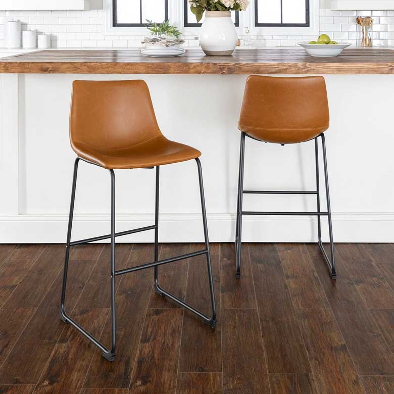 30-inch Faux Leather Bar Stool, Set of 2 - Whiskey Brown With Black Legs - Available in multiple colors such as Brown, Green, Navy Blue, Gray