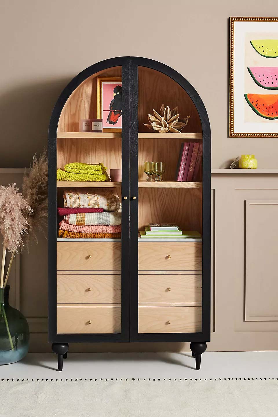 Modern arched storage cabinet you can buy - available in black, sage, white and gray 
