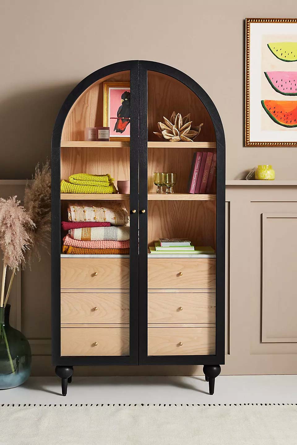 Modern arched storage cabinet you can buy - available in black, sage, white and gray