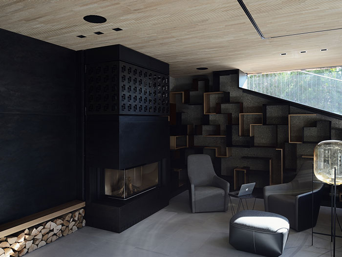 Modern fireplace in the living area of a luxurious villa in Vienna