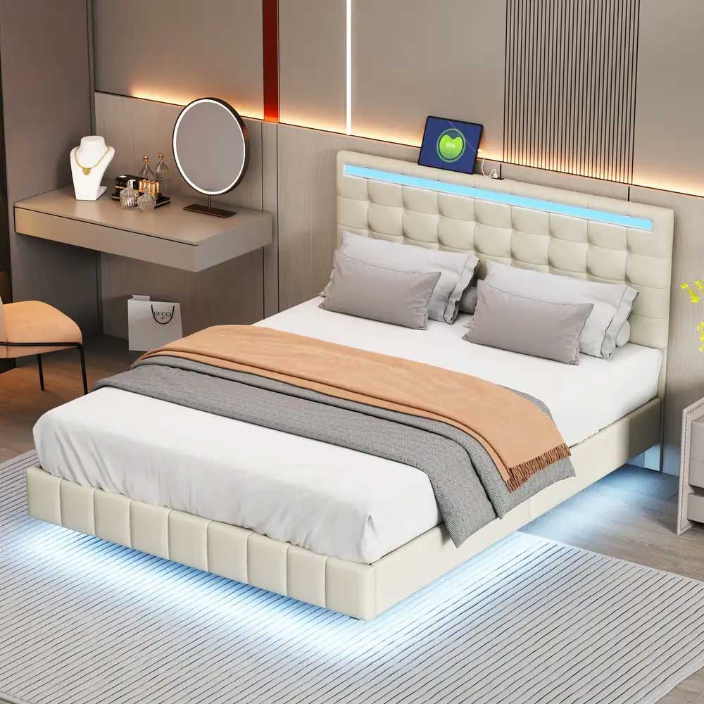 Floating Bed Frame with LED Lights and USB Charging