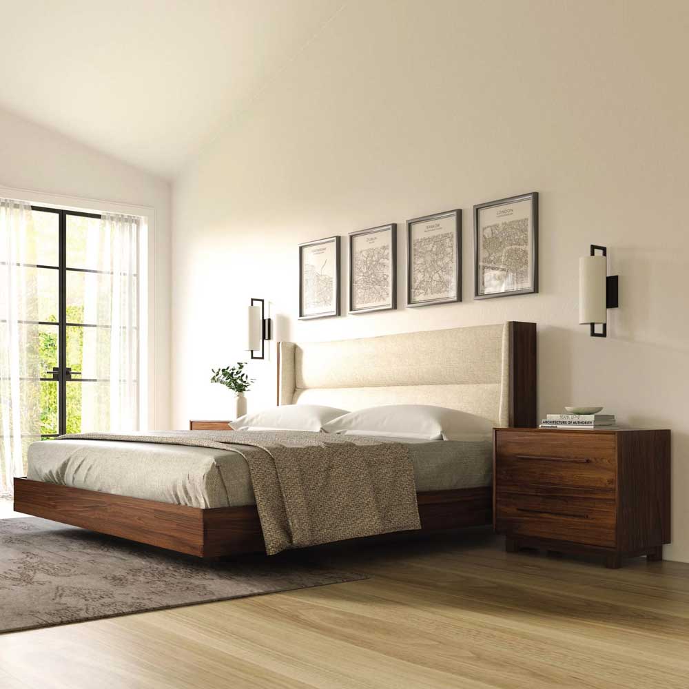 Contemporary floating bed with upholstered headboard - available in Queen, California King and King sized