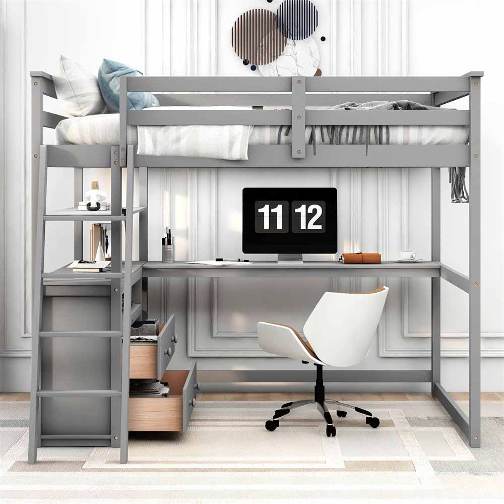 Full Size Loft Bed with Desk, Open Storage Shelf and 2 Drawers, with Full Length Guardrail and Ladder for Kids