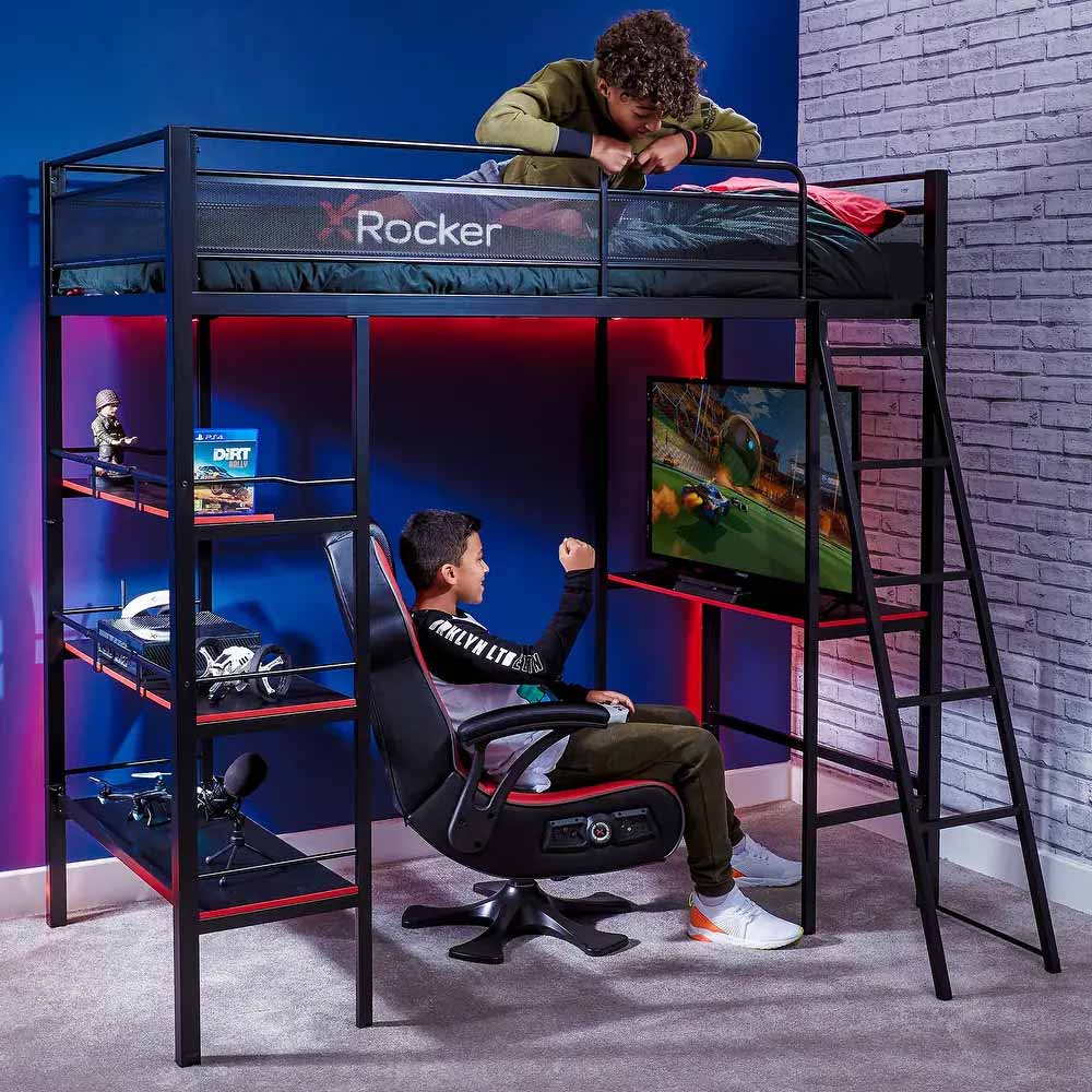 X Rocker Fortress Black Twin Gaming Bunk Bed / Loft Bed with Built-in Desk and Shelves