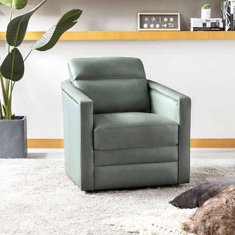 Sage Green Genuine Leather Swivel Barrel Chair - available in multiple colors