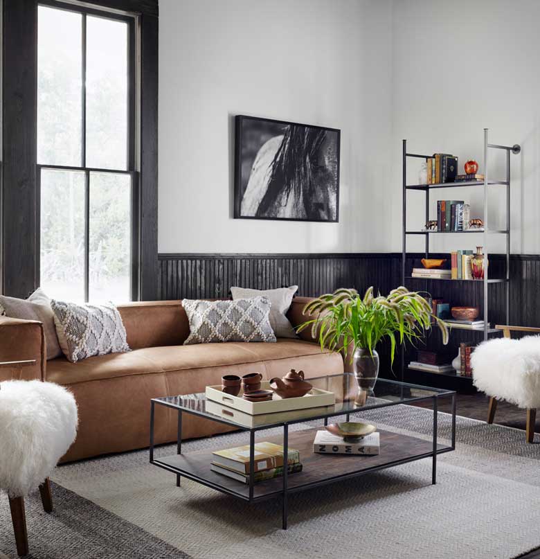 Glass rectangular coffee table with brown mango wood bottom shelf for storage