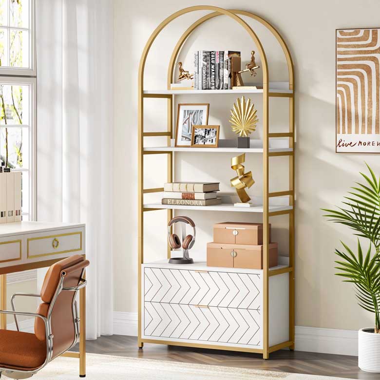 4-Tier Gold Arched Bookshelf with 2 Drawers