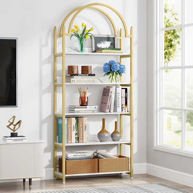 Gold arched bookshelf you can buy for your living room, home office or bedroom