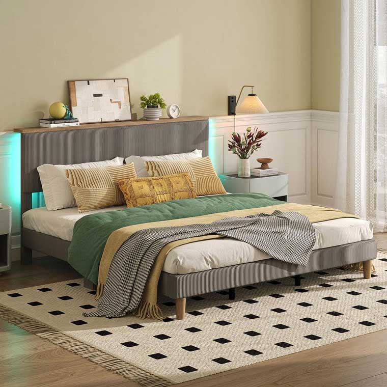 Gray Platform Bed Frame with Storage Headboard and LED Lights