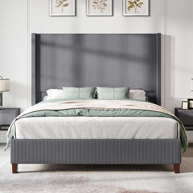 Gray corduroy bed for sale with tall wingback headboard