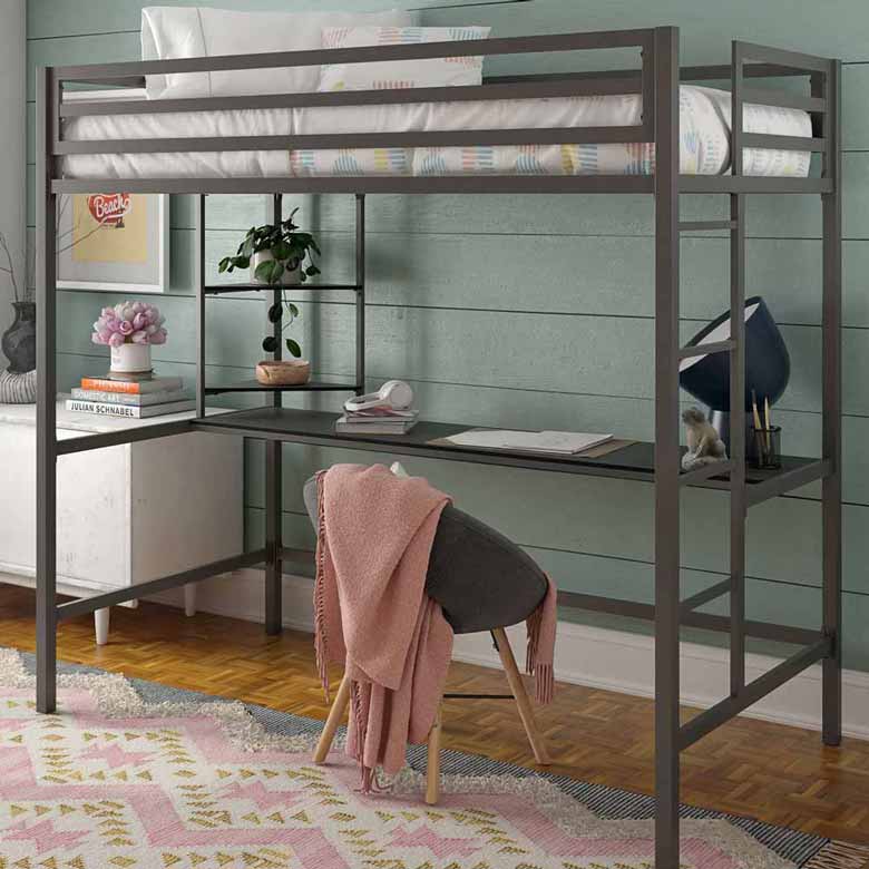Gray loft bed with desk for kids - Full and Twin sizes