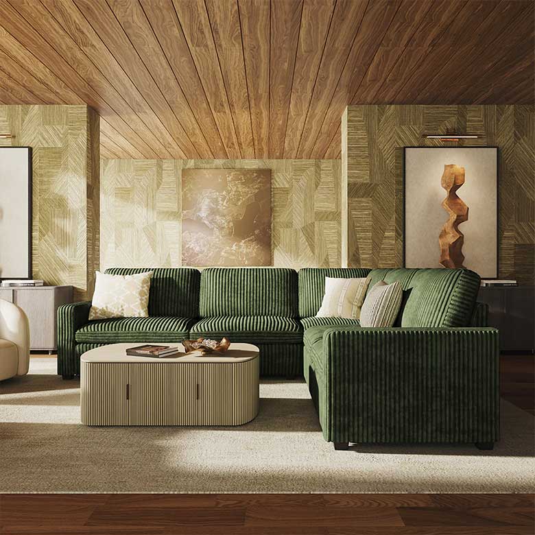 Oversized green corduroy modular sofa with storage