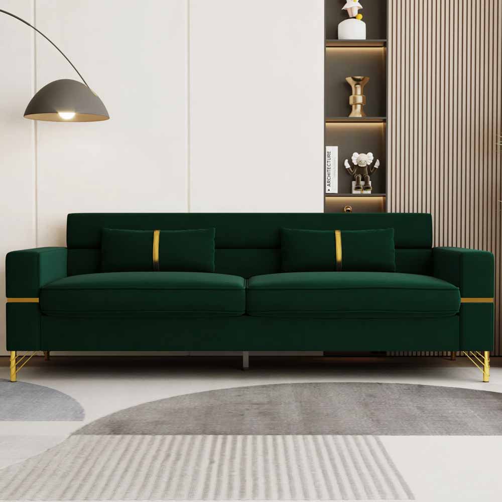 Green velvet sofa with gold metal legs