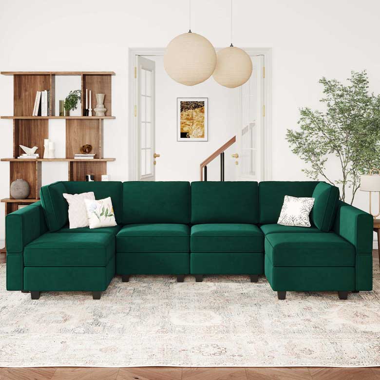 Green velvet u-shaped modular couch for sale