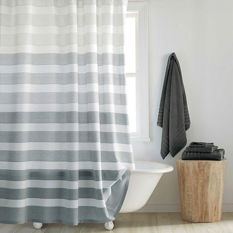 Grey shower curtain with horizontal stripes for a modern bathroom - Highline Shower Curtain Bed Bath & Beyond