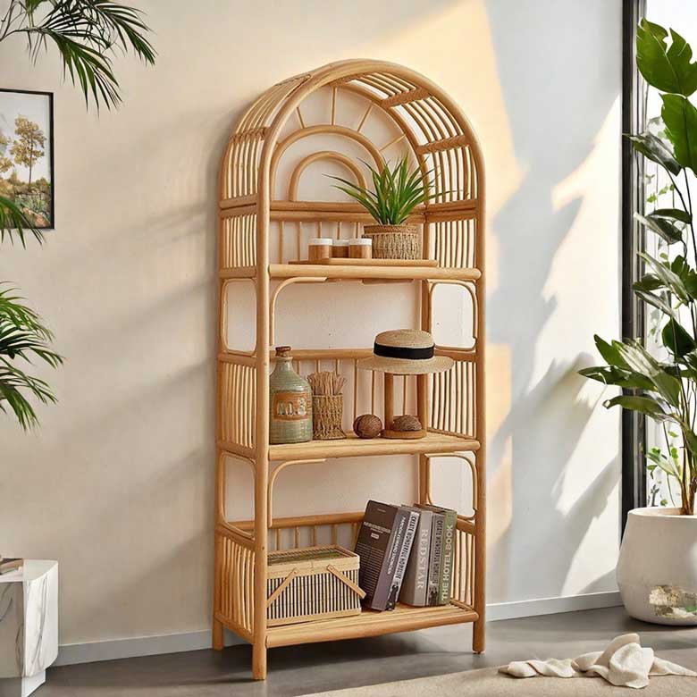 Boho wicker arched rattan bookcase for sale