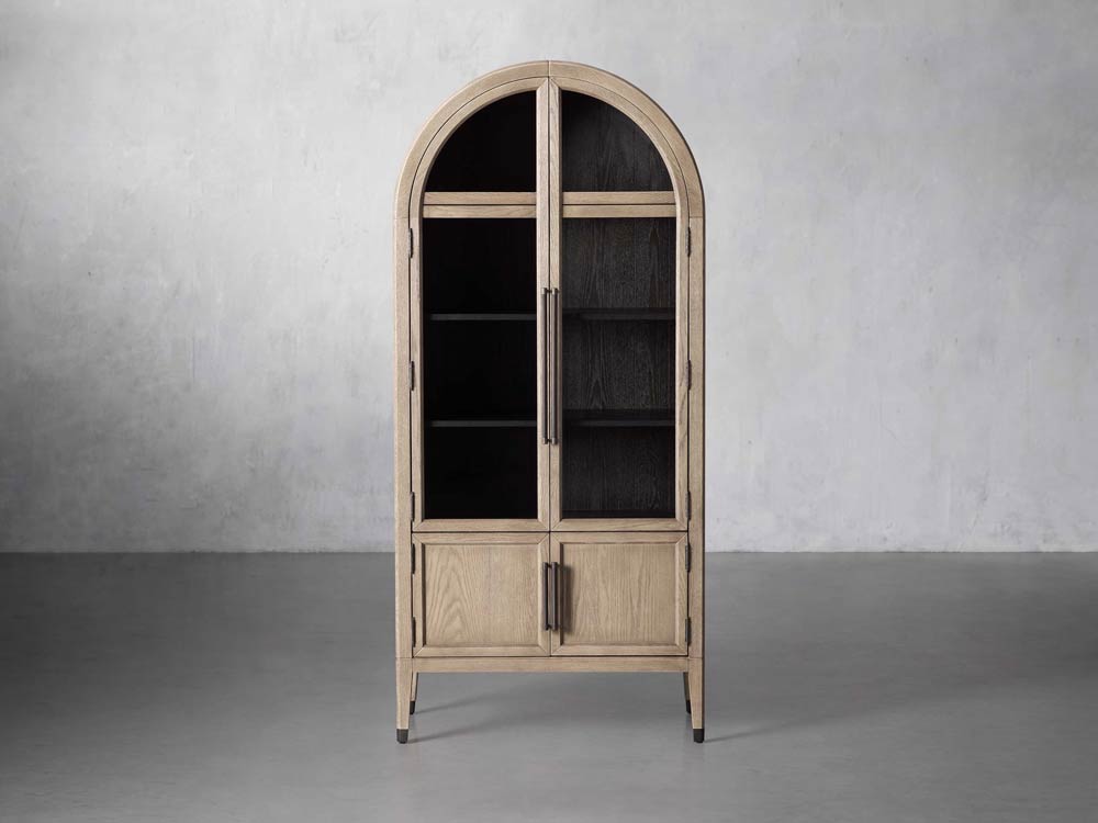 Arched glass cabinet for sale - made from solid oak wood and oak veneers | Features glass doors and includes three shelves: two adjustable shelves and one fixed shelf. 