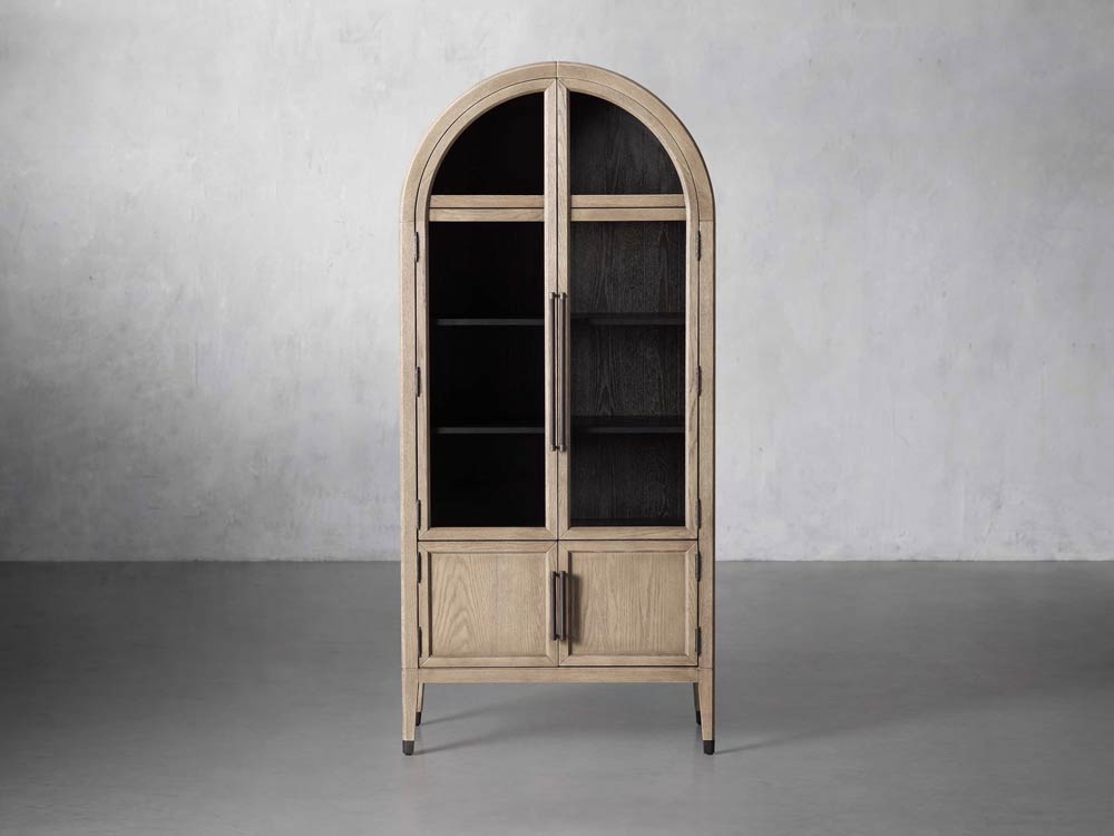 Arched glass cabinet for sale - made from solid oak wood and oak veneers | Features glass doors and includes three shelves: two adjustable shelves and one fixed shelf.