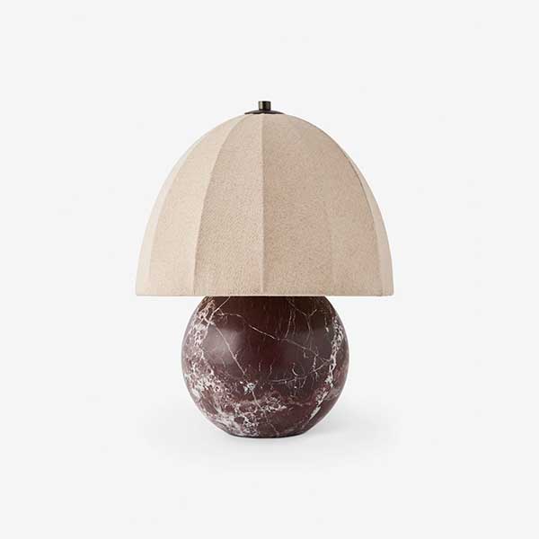 Izu Table Lamp | this modern lamp has a stone sphere as its base and a structured linen shade