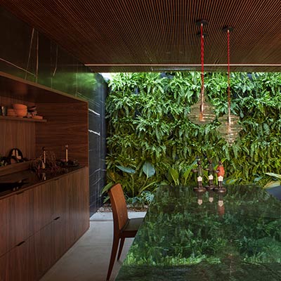 Amazing kitchen with wood cabinets and marble counter, completely open to the lush vertical garden outside - contemporary brazilian house